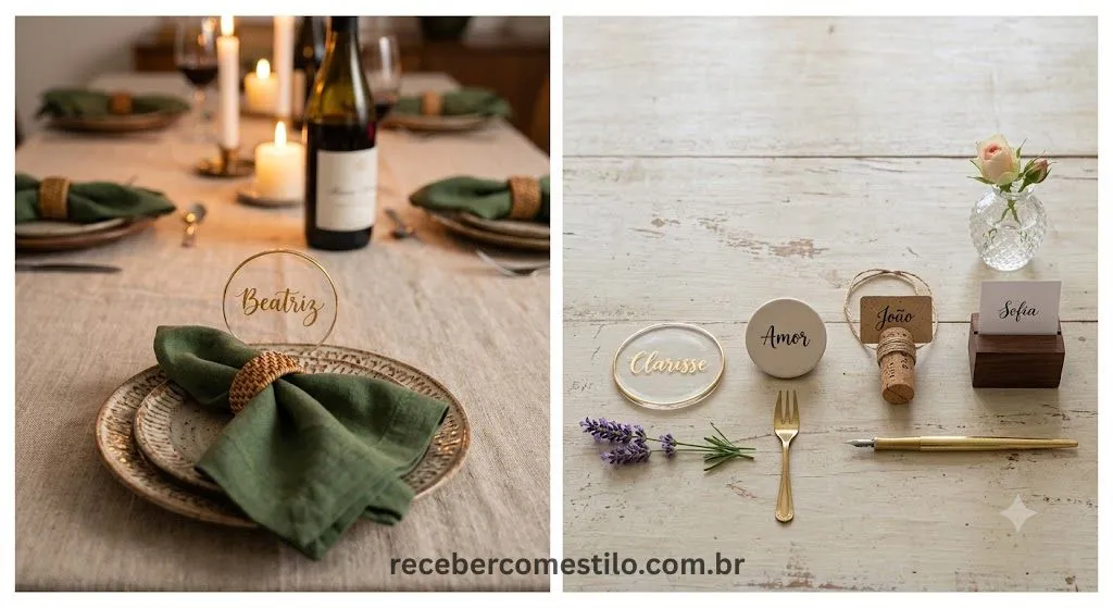 marcador de lugar afetivo com nome hand-painted e curadoria de marcadores de lugar afetivo em porcelana e madeira