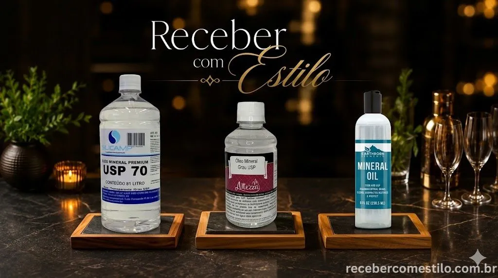 Uma tábua de teca redonda com divisórias sendo hidratada com óleo mineral, mostrando o contraste entre a madeira seca e a parte que já recuperou o brilho dourado natural.