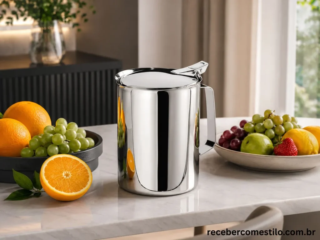 jarra de inox em uma mesa moderna com frutas frescas em volta
