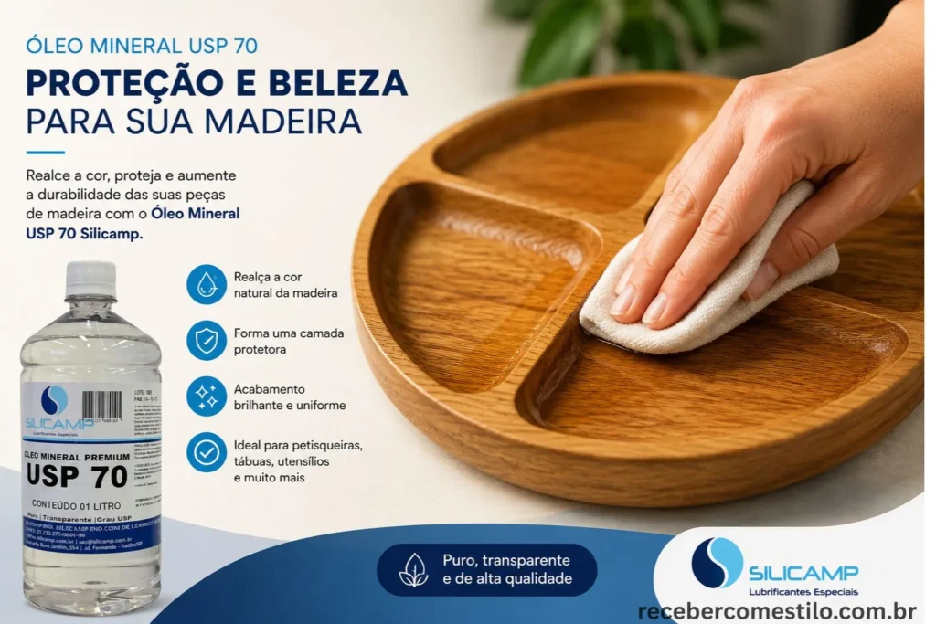 rês opções de óleo mineral grau USP recomendadas para manutenção de utensílios de cozinha, incluindo embalagens de um litro e duzentos e cinquenta mililitros.
