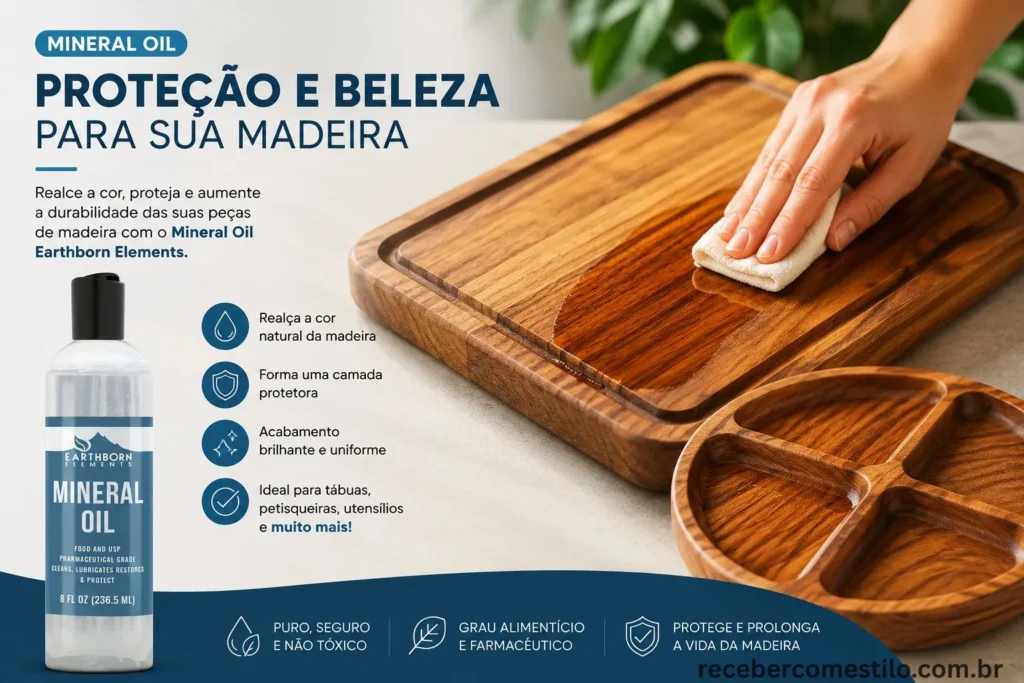 Close-up de uma mão usando papel toalha para espalhar óleo mineral de forma uniforme na superfície e nas bordas de uma tábua de teca de cozinha.