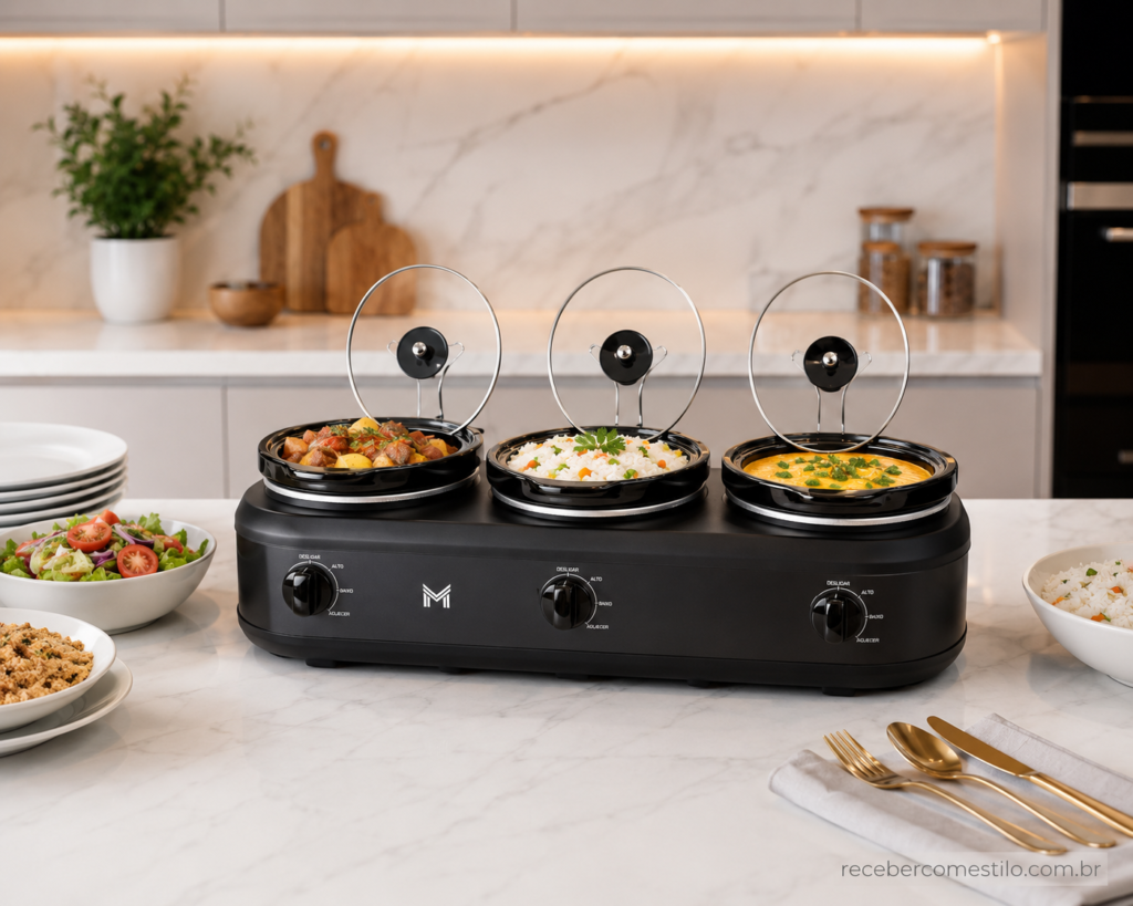Rechaud elétrico triplo de mesa estilo slow cooker em aço inox com três cubas independentes de cerâmica e tampas de vidro temperado transparentes.