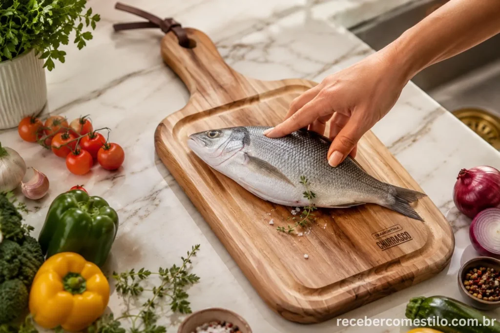 Tábua para churrasco Tramontina Teca com cabo anatômico apoiada em uma bancada de cozinha, exibindo os veios naturais e dourados da madeira nobre.