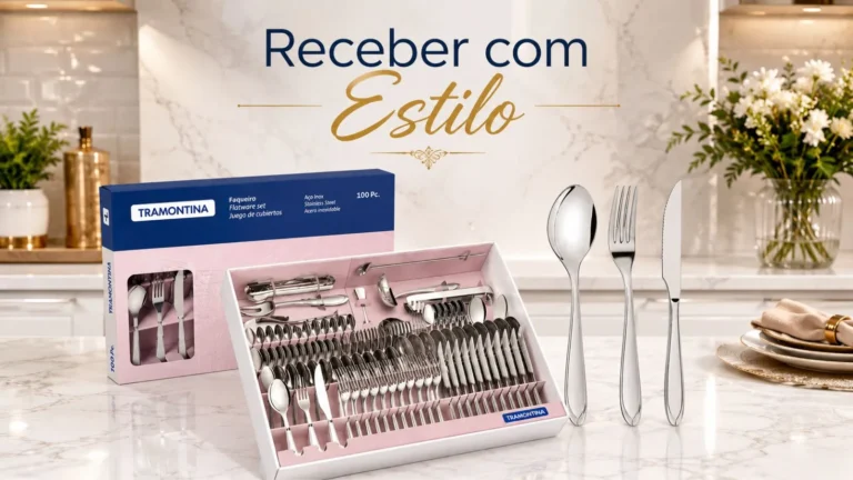 faqueiro em um ambiente elegante, com mármore branco brilhante, iluminação sofisticada e o título “Receber com Estilo”, destacando o produto como uma peça de exposição