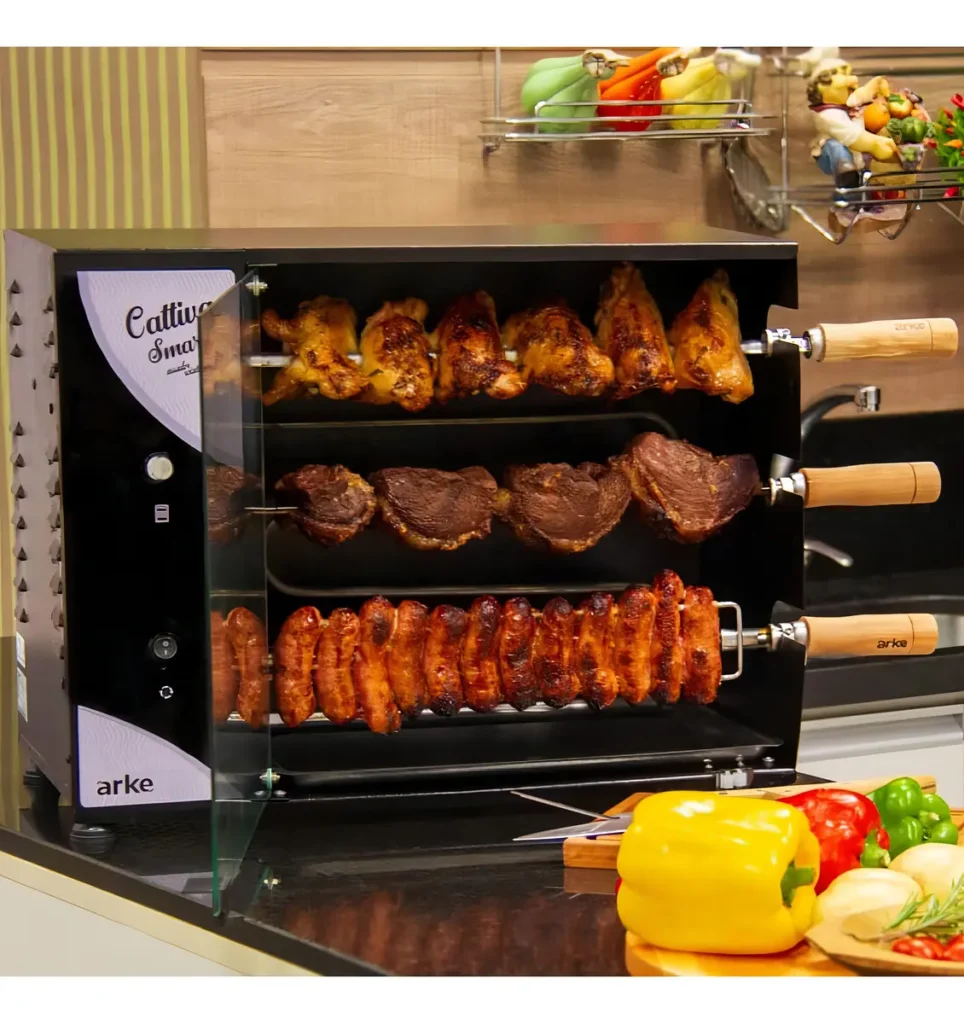duas churrasqueiras em destaque, lado a lado, em um ambiente sofisticado com mármore branco brilhante e o título “Receber com Estilo” no topo.