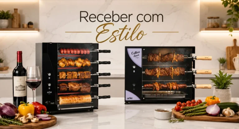 duas churrasqueiras em destaque, lado a lado, em um ambiente sofisticado com mármore branco brilhante e o título “Receber com Estilo” no topo.