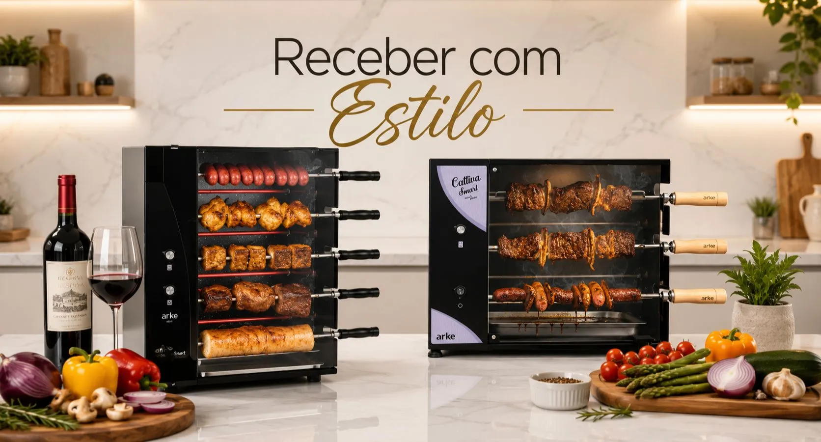 duas churrasqueiras em destaque, lado a lado, em um ambiente sofisticado com mármore branco brilhante e o título “Receber com Estilo” no topo.