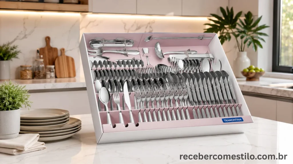 faqueiro de 100 peças em destaque sobre uma bancada de uma cozinha moderna, clara e bem iluminada, com um visual elegante e sofisticado