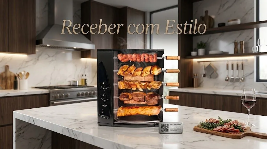 churrasqueira agas rotativa arke em uma cozinha com marmore branco